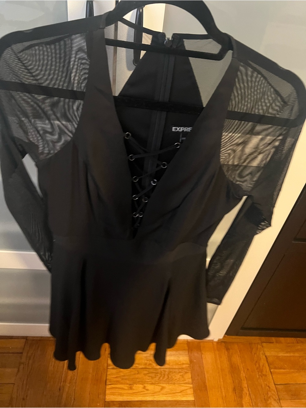Express Black Lace-Up Mesh Sleeve Skater Dress